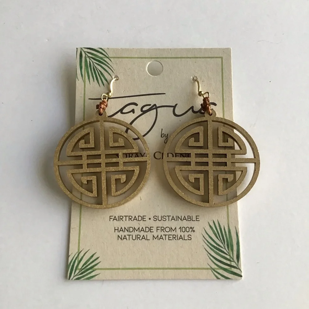 NEW Medallion Earrings Asian-Style Matte Gold Open Work Tagua Nut Lightweight - Picture 14 of 15